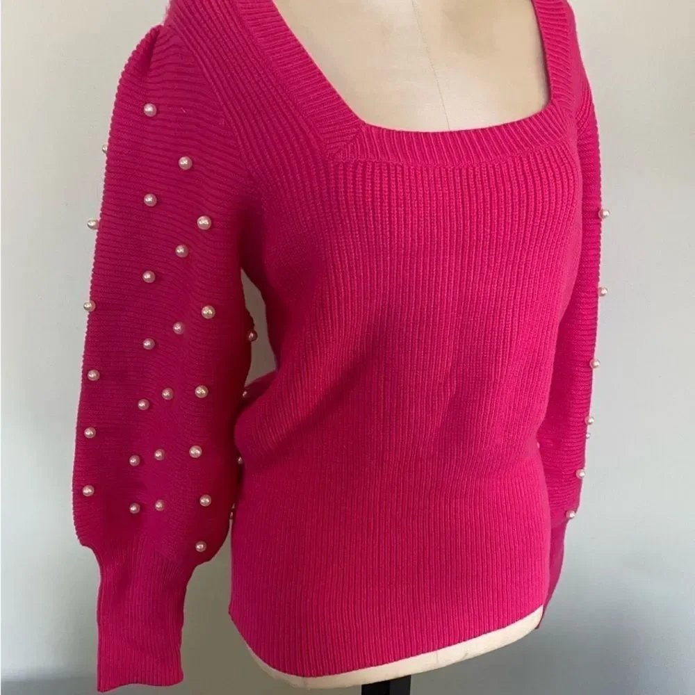Belldini Pink Bishop Sleeve Sweater Pearl sleeve detailing Sz L NWT